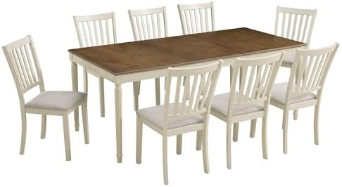 AMERLIFE 9 Piece Farmhouse Dining Table Set with 79" Table, Cream