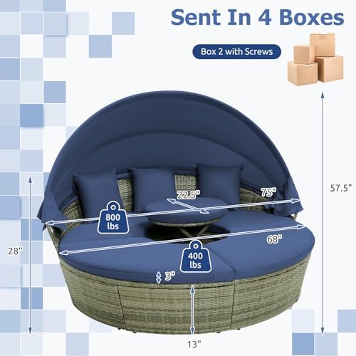 RELAX4LIFE Round Outdoor Daybed with Canopy, Rattan Wicker Sectional Sofa Set...