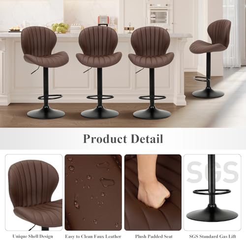 COLAMY Bar Stools Set of 4, Modern Swivel Bar Chairs, Adjustable Faux Leather...