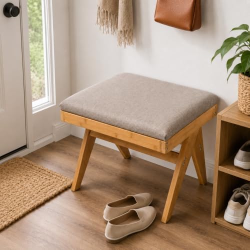 BAMBOOHOMIE Square Foot Stool Ottoman, Large Vanity Stool with Thickened Bamb...