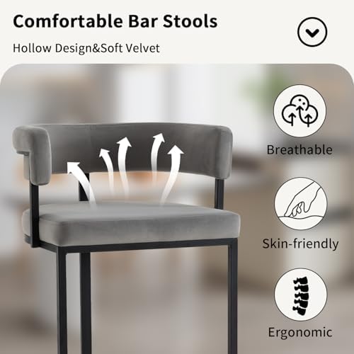 Set of 2 Grey Modern Velvet Bar Stools with Barrel Backrest, Upholstered Seat...
