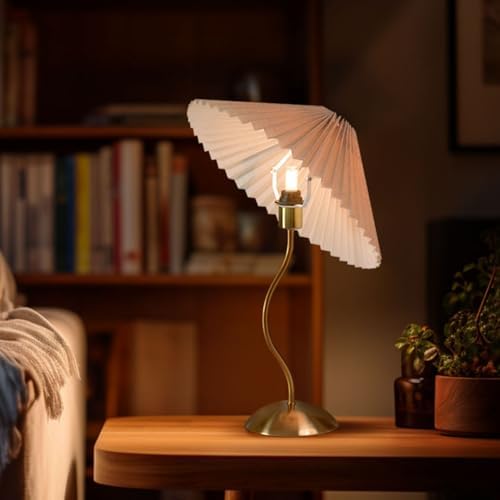KUNJOULAM Small Pleated Table Lamp, Bedside Nightstand Lamp with Beige Lampsh...