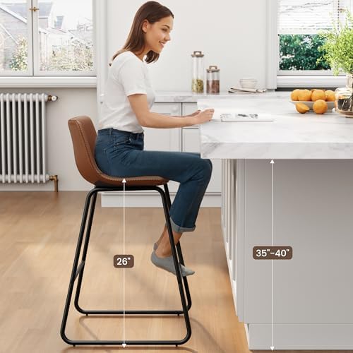 REONEY Bar Stool Set of 3, 26" Urban Faux Leather Counter Stool, Dark Brown