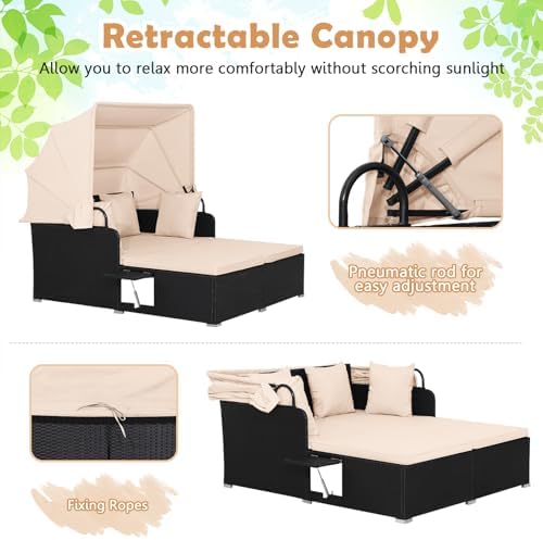 Moccha Outdoor Daybed with Retractable Canopy, Wicker Cabana with 2 Side Tabl...