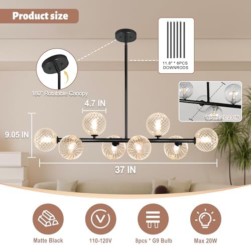 Clear Ribbed Glass Globe Chandelier, 8-Light Bubble Dining Room Chandelier 37...