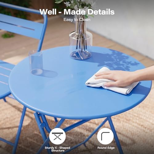 LAUSAINT HOME 3-Piece Folding Steel Bistro Set,Round, Blue