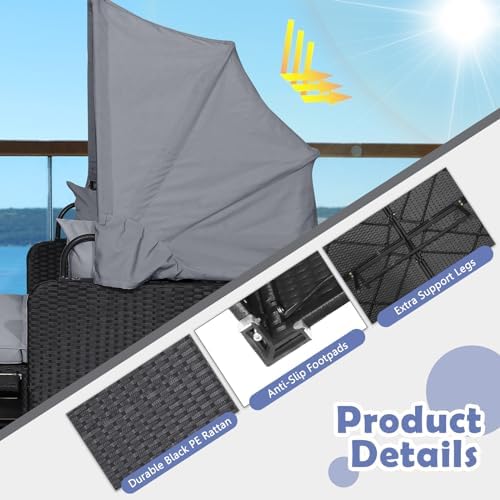 Tangkula Patio Rattan Daybed with Retractable Canopy, Outdoor Wicker Sunbed L...