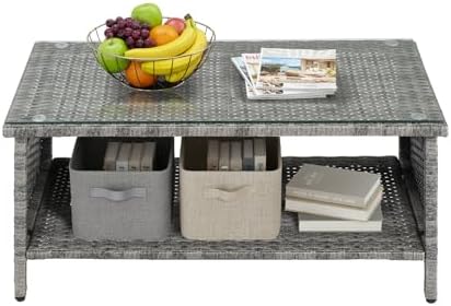 VINGLI Outdoor Wicker CoffeeTable Patio Coffee Tables for Outside, Tempered G...
