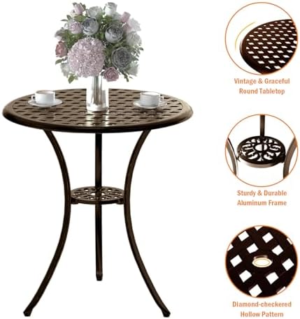 Patio Bistro Set 3 Piece, Cast Aluminum Bistro Set for 2 w/Umbrella Hole, Out...