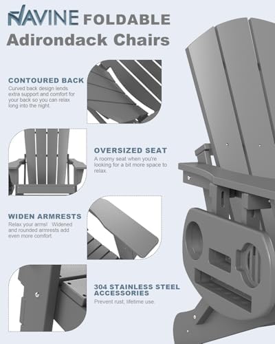 NAVINE Folding Adirondack Chairs Set of 4 with 4-in-1 Cup Holder, Grey