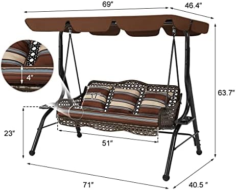 AECOJOY 3-Seat Outdoor Patio Swing Chair, Large Converting Canopy Porch Swing...