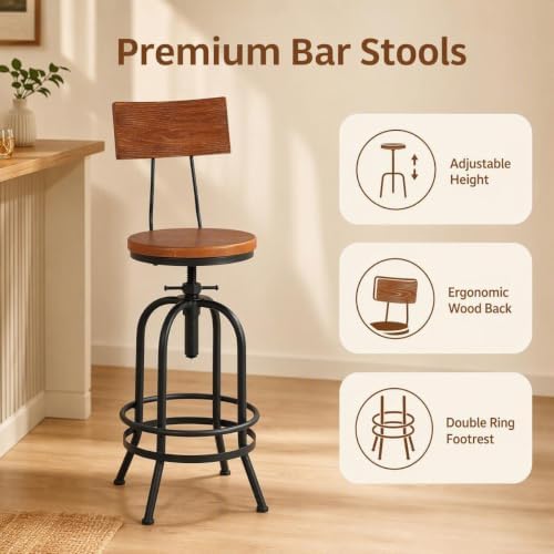 Set of 2-Industrial Bar Stools with Backrest-Swivel Wood Seat-Bar Counter Hei...