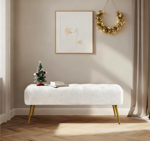Yaheetech 45in Upholstered Boucle Ottoman Bench Seat with Gold Legs, Ivory