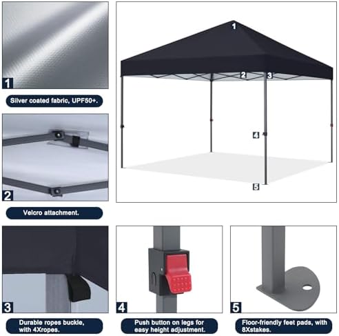 COOSHADE Durable Easy Pop Up Canopy Tent with Roller Bag, 8x8, Black