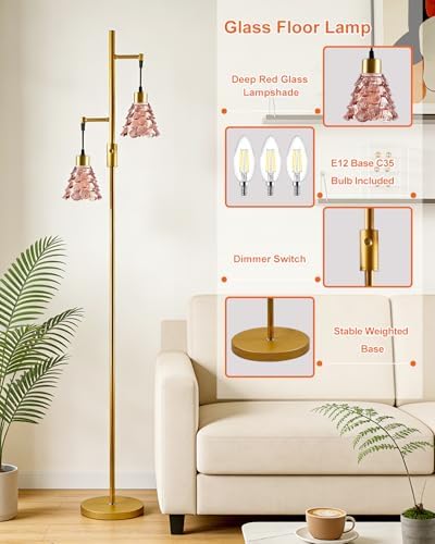 Red Glass Floor Lamp Dimmable 2-Light Modern Gold Tall Floor Lamp