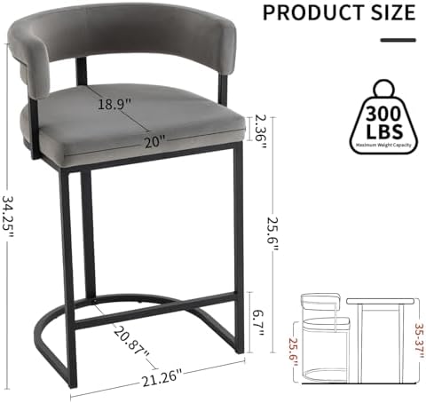 Set of 2 Grey Modern Velvet Bar Stools with Barrel Backrest, Upholstered Seat...