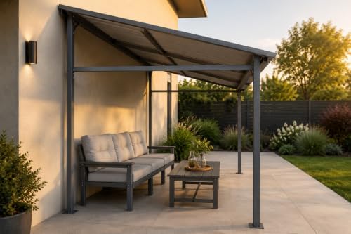 8x10 FT Lean to Gazebo, Wall Mounted Hardtop Pergola with Sloping Galvanized ...