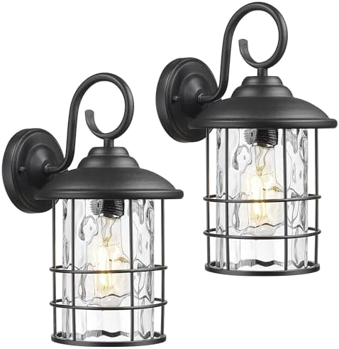 Emliviar 2 Pack Outdoor Black Wall Sconces with Water Ripple Glass, E26 Base,...