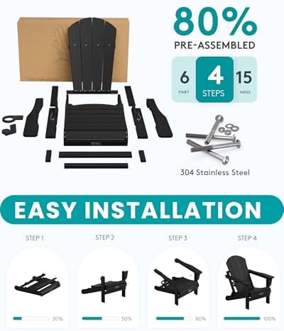 SERWALL Folding Adirondack Chair with Cup Holder Set of 2, Fire Pit - Black