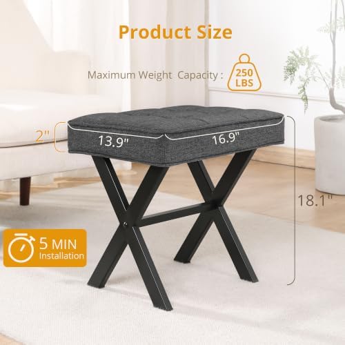 LUE BONA Vanity Stool, Square Linen Makeup Stool with Metal X Legs, Small Ott...
