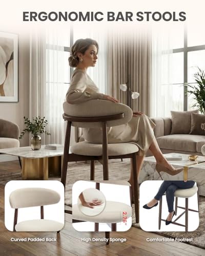 Bar Stools Set of 2, 25.6″ Counter Height Bar Stools with Wood Legs