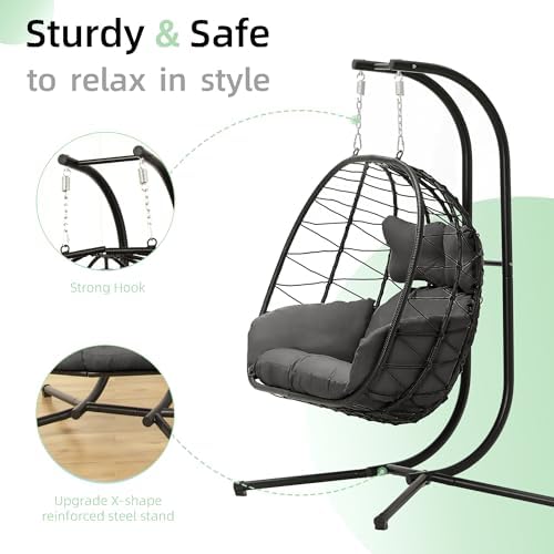 Double Egg Chair with Stand Hammock Swing Chair Foldable Hanging Loveseat, UV...