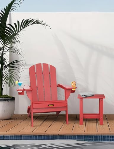 Folding Adirondack Chair, Wooden Textured Plastic Adirondack Chairs with 2 Cu...
