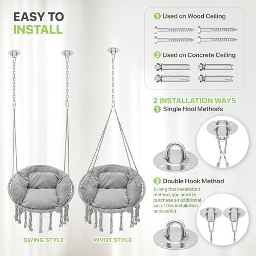 Magshion Macrame Hanging Hammock Chair with Cozy Full Cushion, Gray
