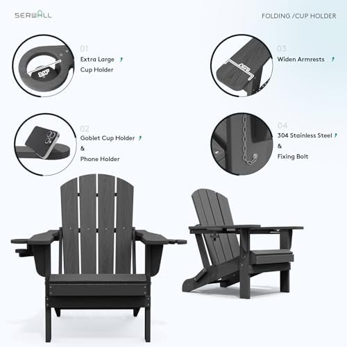 SERWALL Outdoor Adirondack Chair Set of 2 with 2 Cup Holders,Foldable,Grey