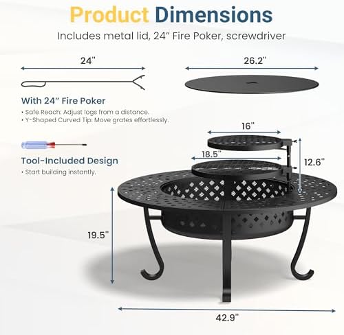 43" Large Fire Pit for Outside with 2 Adjustable Grills,Lid & Fire P...