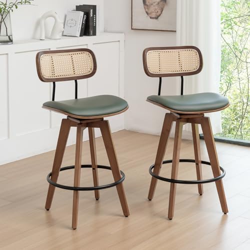 26" Rattan Bar Stools Set of 2,Faux Leather Counter Height Swivel Barsto...