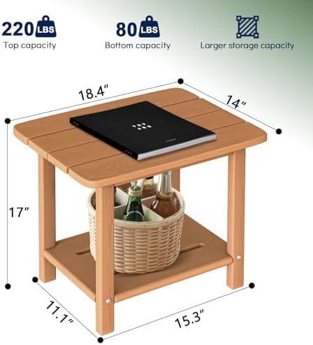 nevilywood 2-Tier Outdoor Side Table, HDPE Patio End Table, Teak