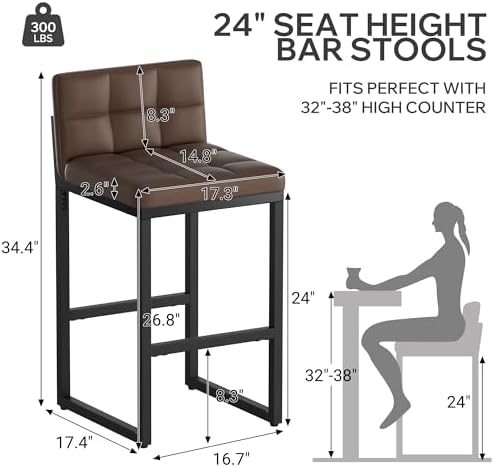 Bar Stools Set of 3, Modern Counter Height Bar Stools, Brown