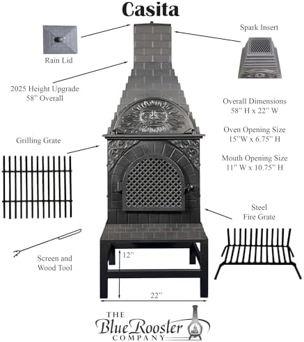 The Blue Rooster Casita Grill Chiminea Outdoor Fireplace Wood Burning Firepit...