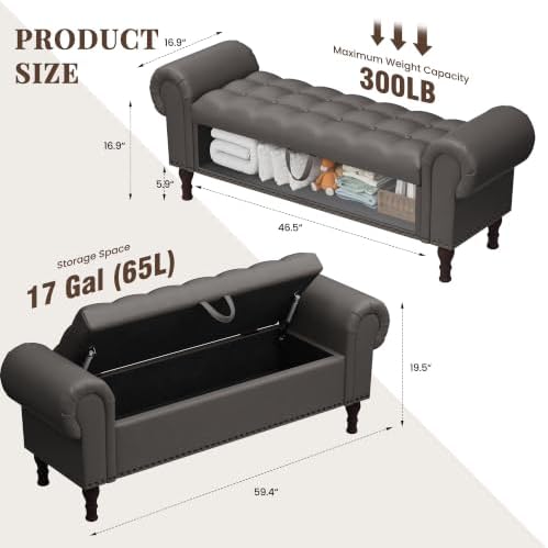 YOUDENOVA 60" Ottoman with Storage, Upholstered Storage Ottoman Bench wi...