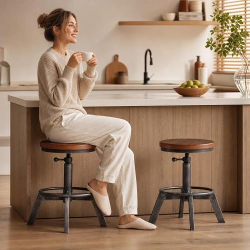 Set of 2-Industrial Bar Stool-Counter Height Chairs- Swivel Wooden Seat- Adju...