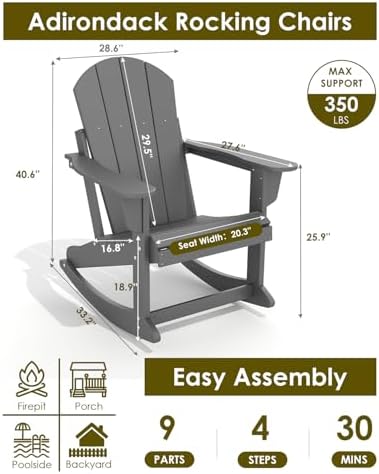 GREENVINES Adirondack Rocking Chairs Set of 2, HDPE Outdoor Rockers, Grey