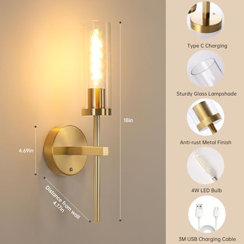 Shenmoyl Battery Operated Wall Sconces Set of 2, Gold Rechargeable Wall Light...