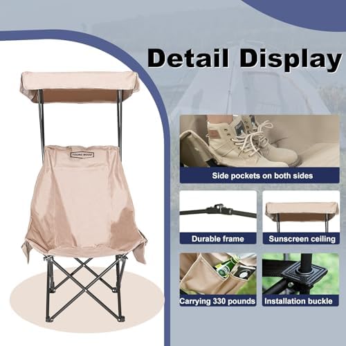 YOUNG WOOD Portable Camping Chair Beach Chair with Shade Canopy, Fold Lightwe...