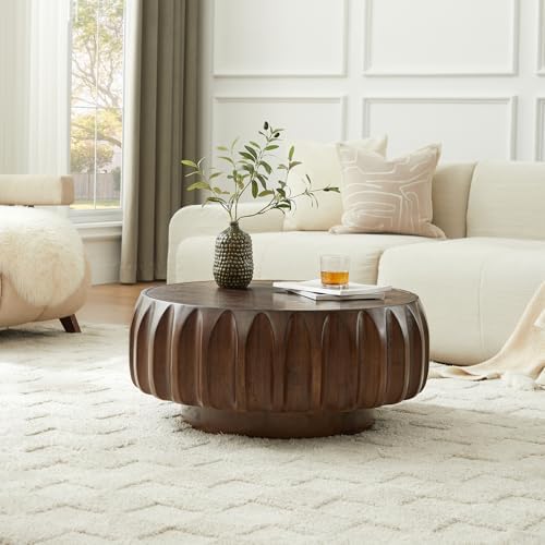 LKTART 31.5" Round Coffee Table with Solid Wood Veneer, Walnut