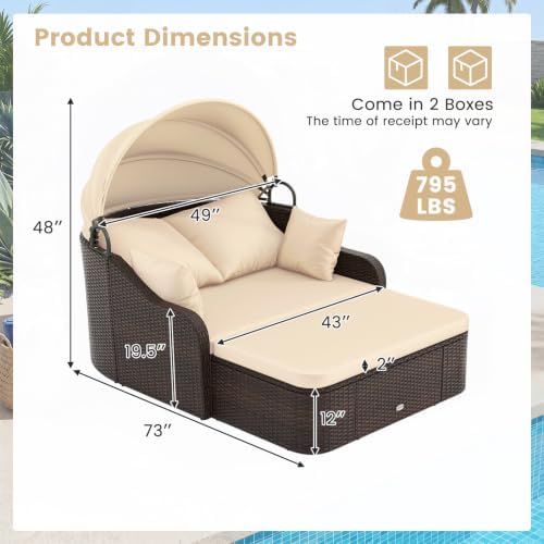 Tangkula PE Rattan Patio Daybed with Retractable Canopy, Double Lounge Bed wi...