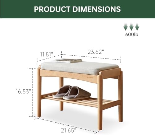 Solid Wood Shoe Bench, Shoe Rack Bench Assembled with Cushion for Entryway, H...
