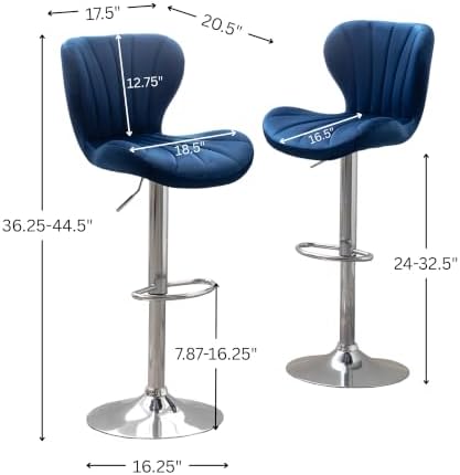 Roundhill Furniture Ellston Velvet Adjustable Swivel Barstools in Blue, Set of 2
