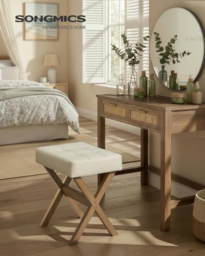 SONGMICS Makeup Stool, Padded Vanity Foot Rest, Solid Wood X Legs