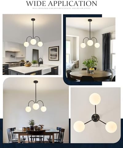 Modern Black Chandelier, 3 Light Mid Century Sputnik Chandeliers, Dining Room...