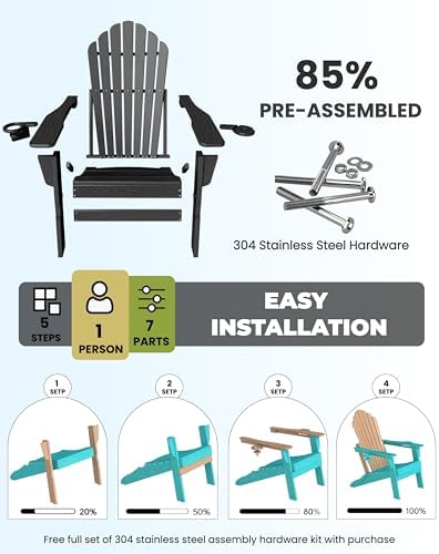 HDPE Folding Adirondack Chair with 2 Cup Holders, Black