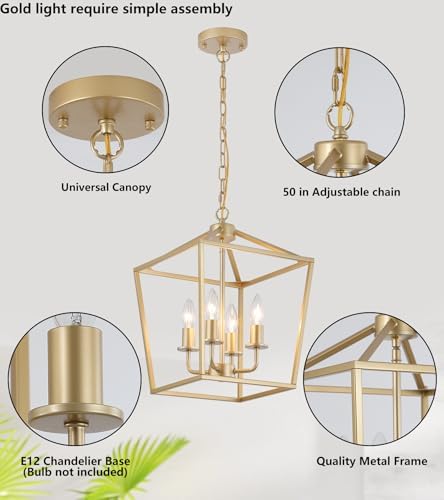 Industrial 4 Lights Chandelier, Gold Lantern Ceiling Light Fixtures with Rust...