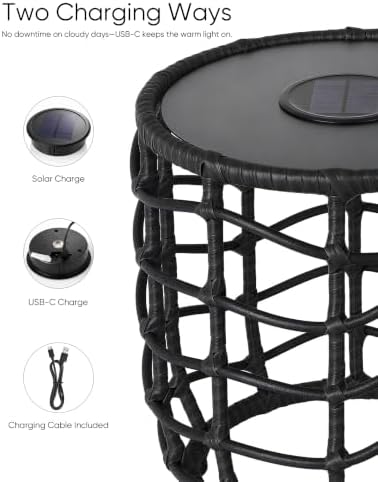 PARTPHONER Boho Solar Outdoor Side Table with Built-in Lights Set of 2, All-W...