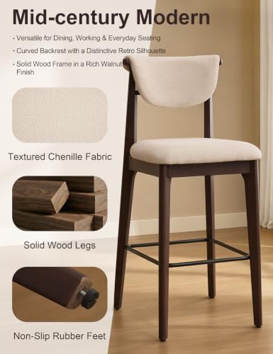 30" Counter Height Bar Stools Set of 2, Solid Wood Legs, Cream White