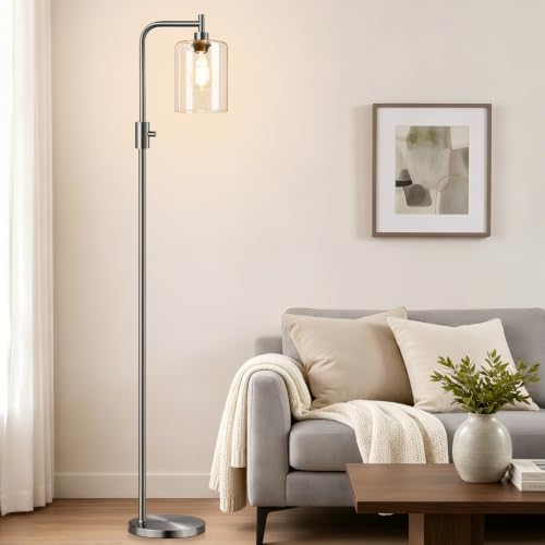 【Upgraded】 Dimmable Floor Lamp for Living Room with Glass Lampshade, Brushed ...